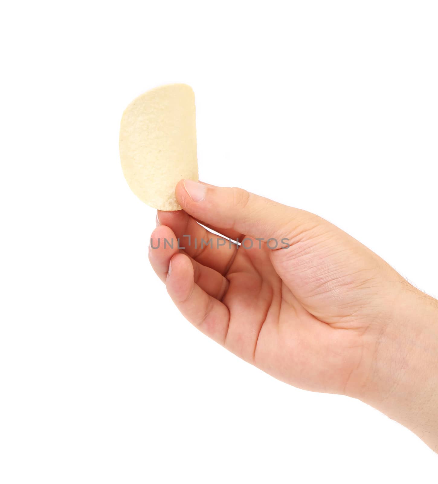 Hand holds potato chips. isolated on a white background