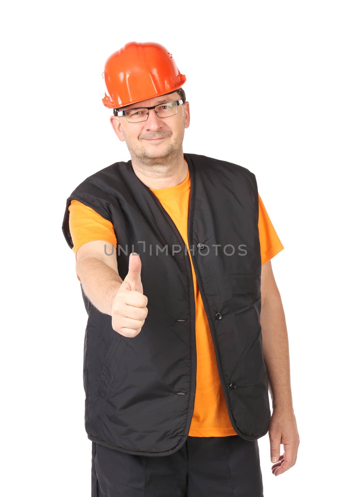 Handyman in red protective helmet. Isolated on a white background.