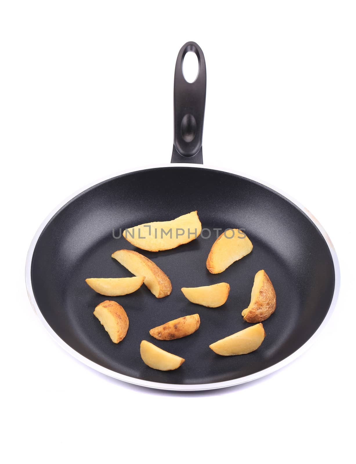 fried potato in the pan. Isolated on a white background.
