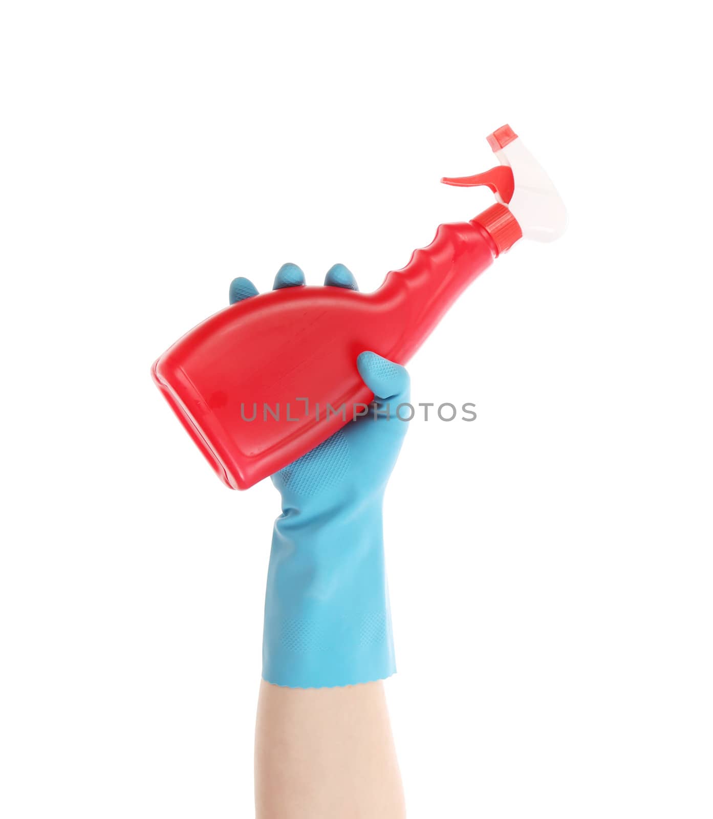 Red plastic dispencer in hand. Isolated on a white background.