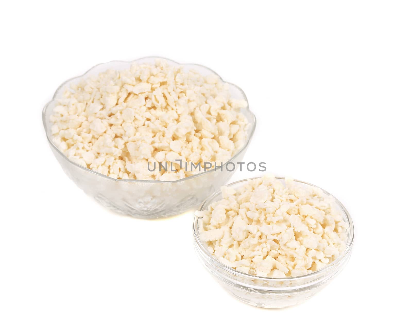 close up of two Bowl with Cottage cheese. Isolated on a white background