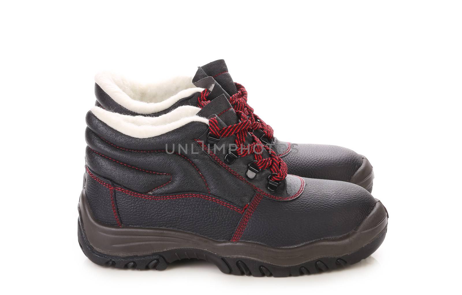 Black boots with red laces. Isolated on a white background.