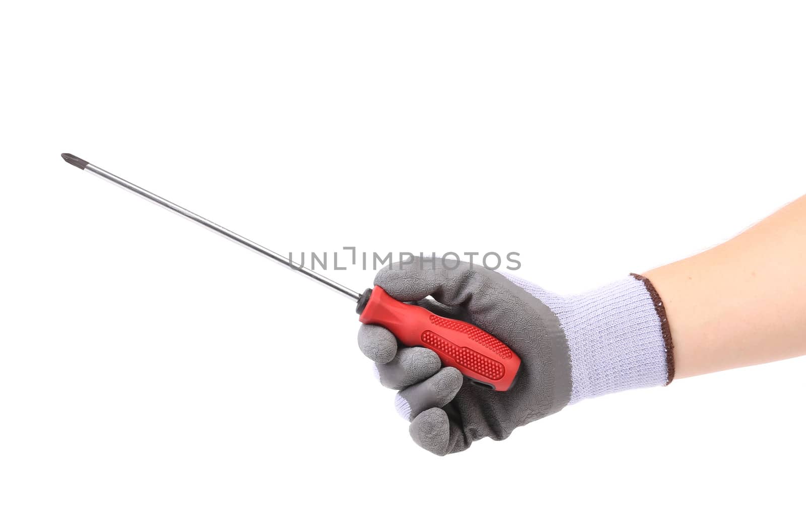 Hand holding screwdriver. Isolated on a white background.