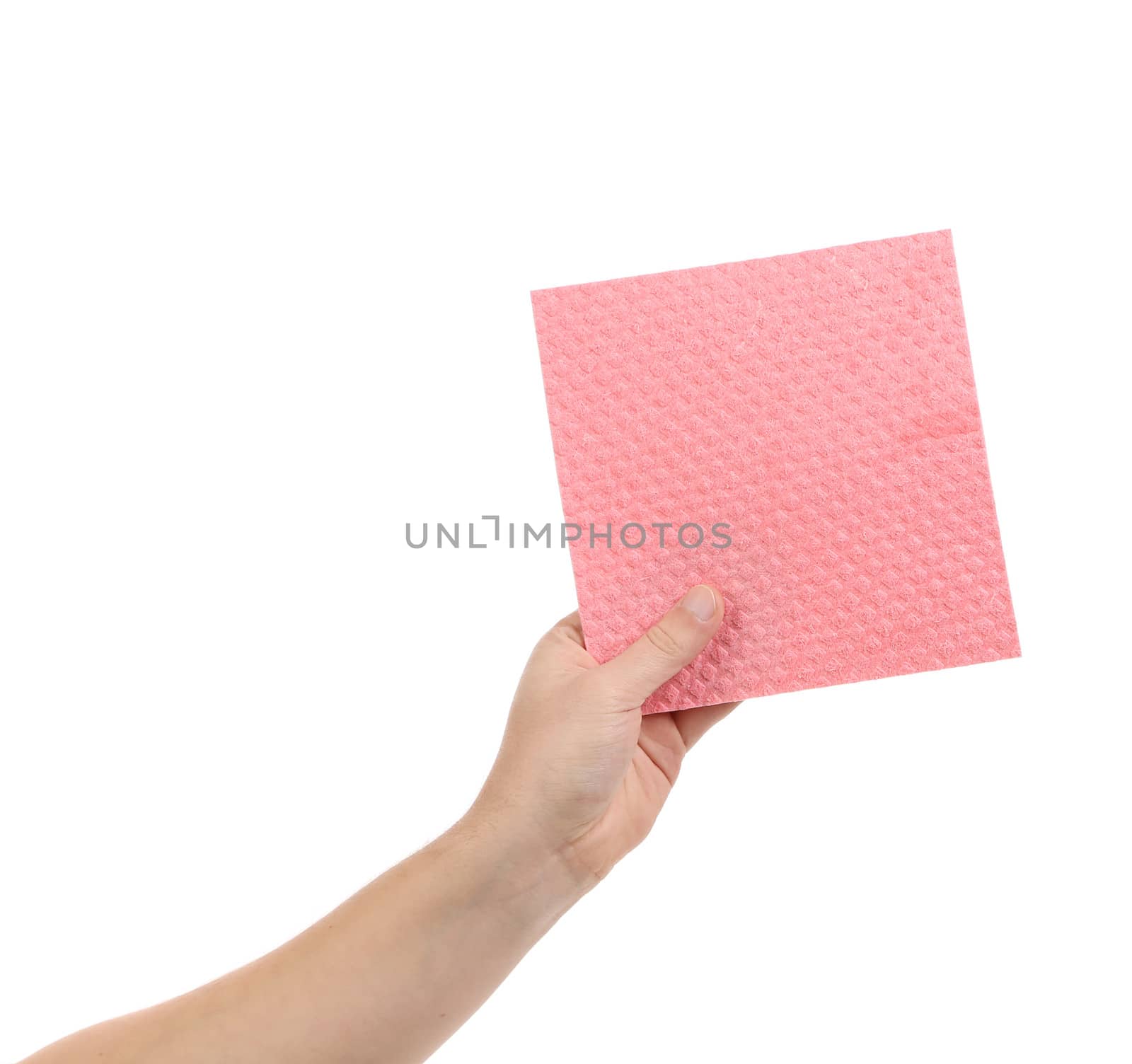 Hand with pink sponge. Isolated on a white background.