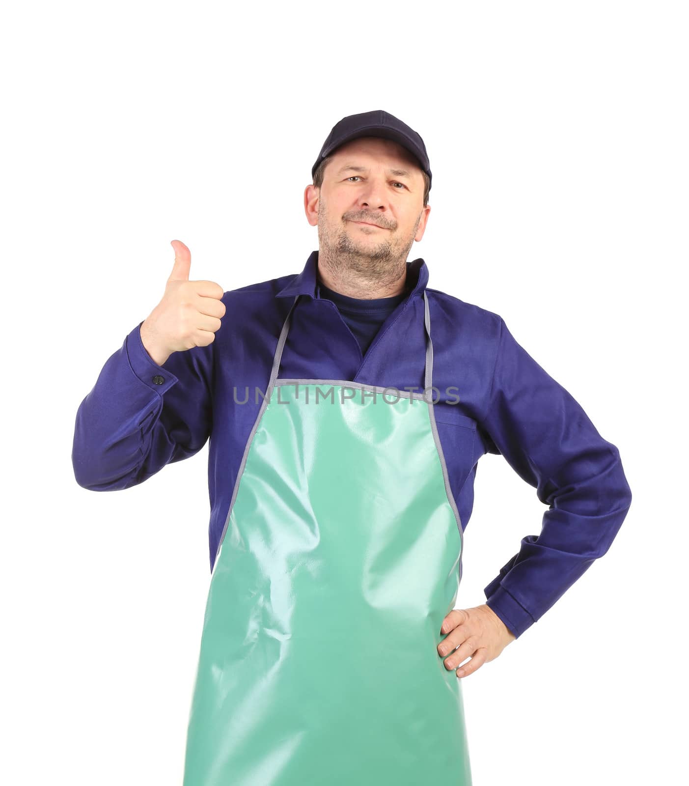 Smiling man dressed in apron. Isolated on a white background.