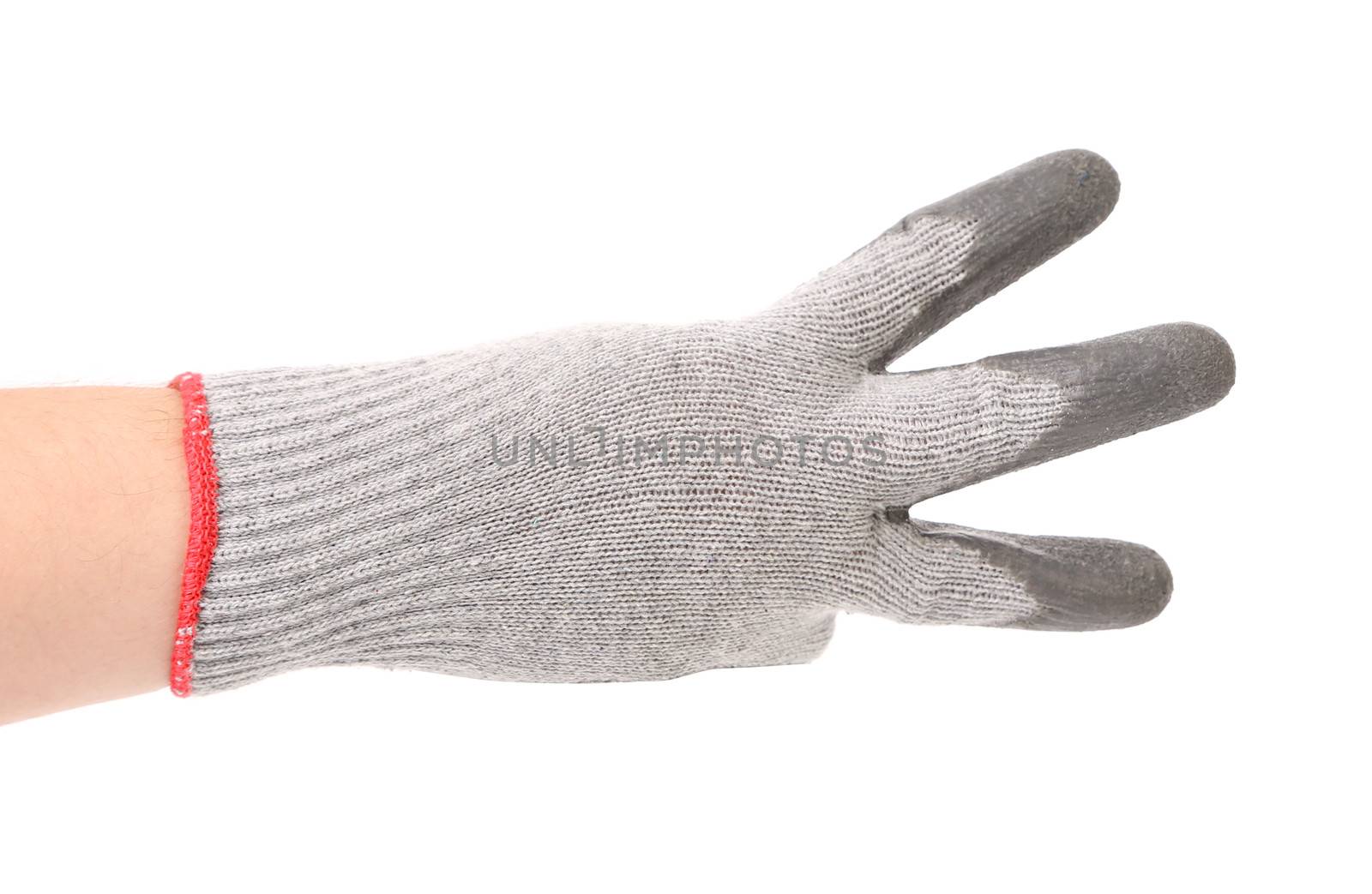 Hand in gloves shows three. Isolated on a white background.
