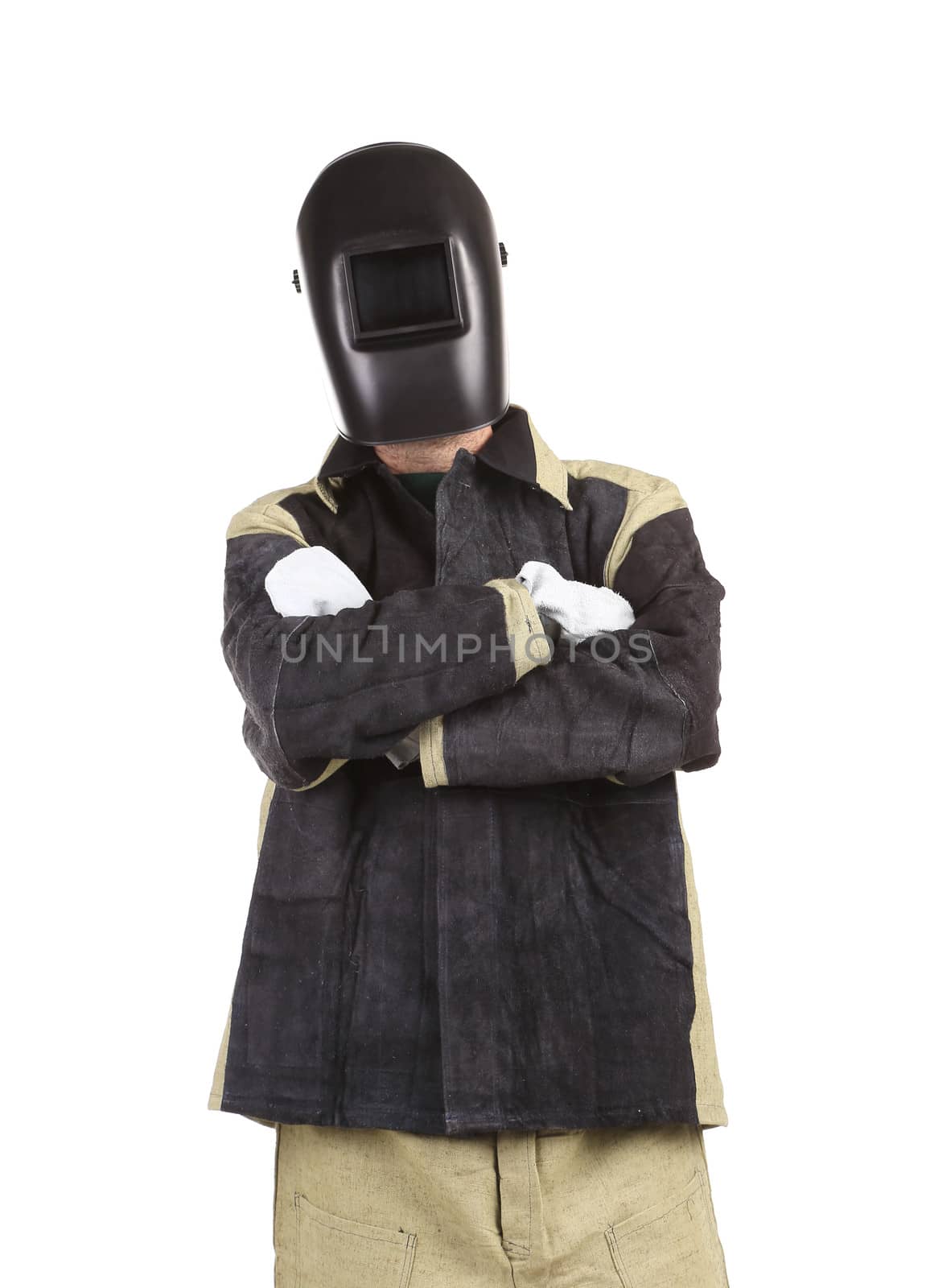 Welder in helmet and uniform. Isolated on a white background.