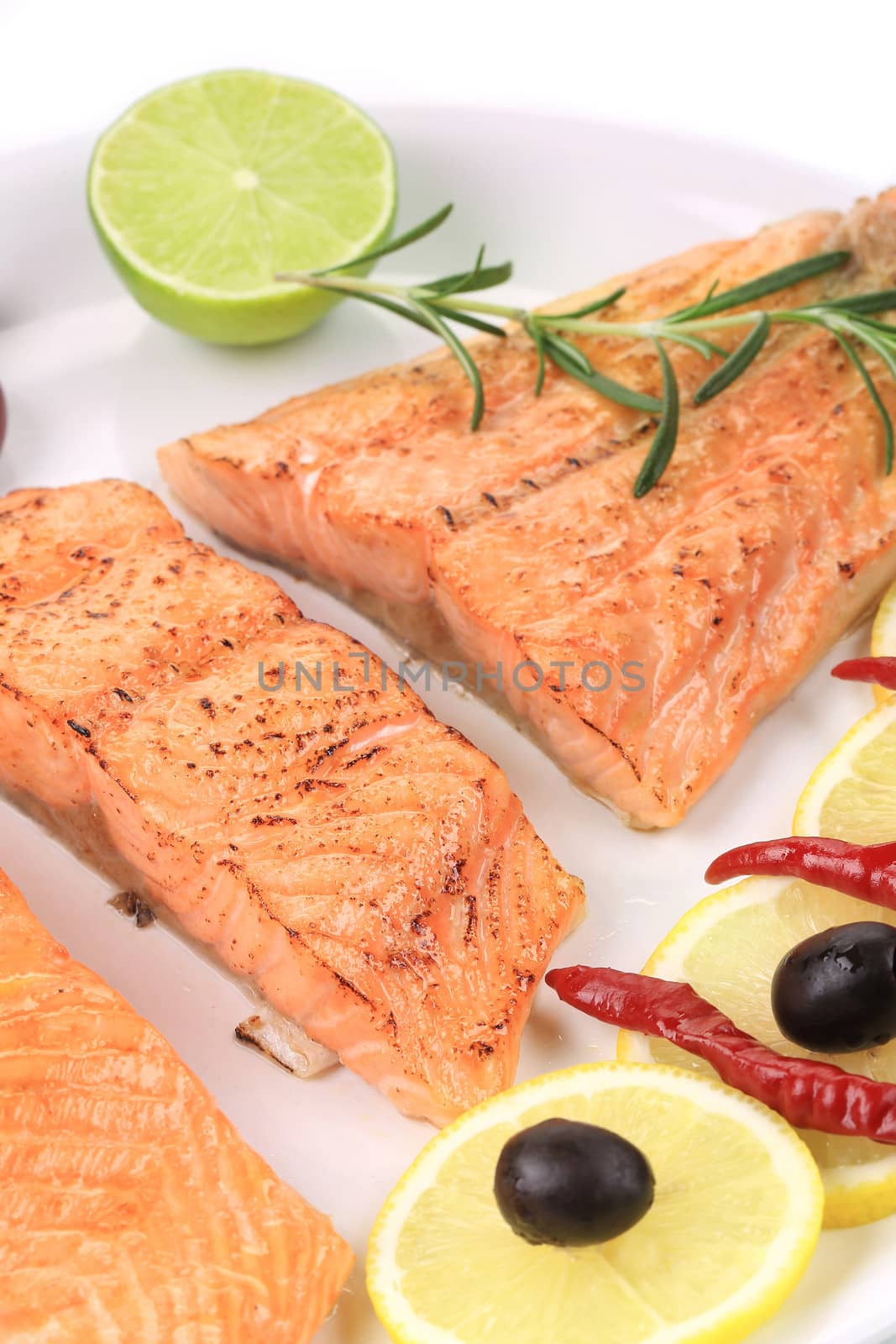 Grilled salmon fillets with rosemary. Isolated on a white background.