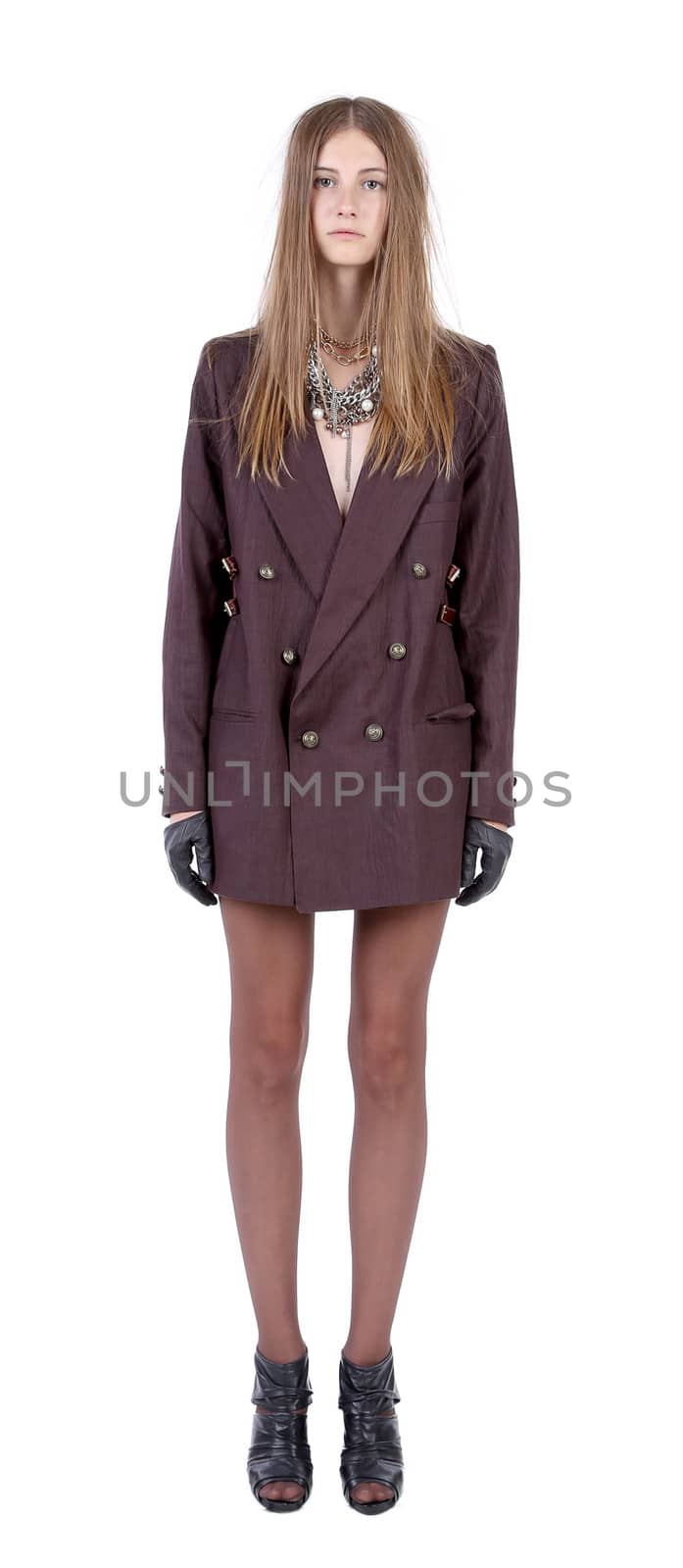 Beautiful woman model in coat. Isolated on a white background.