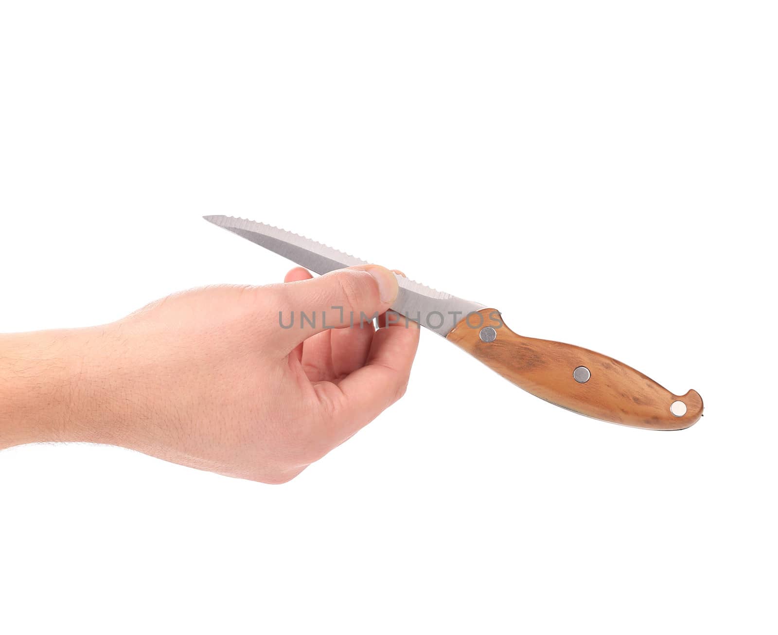 hand holds a Knife. isolated on a white background