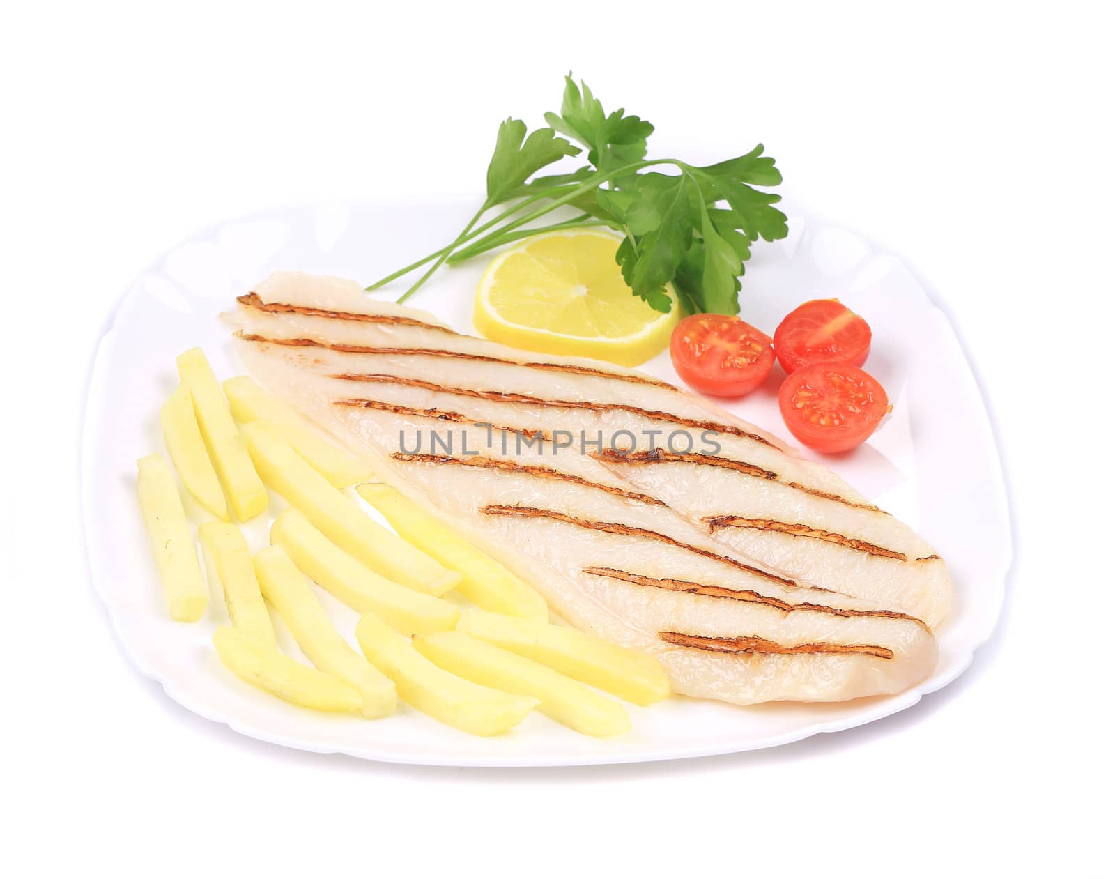 Fish fillet with french fries and herbs. Isolated on a white background.