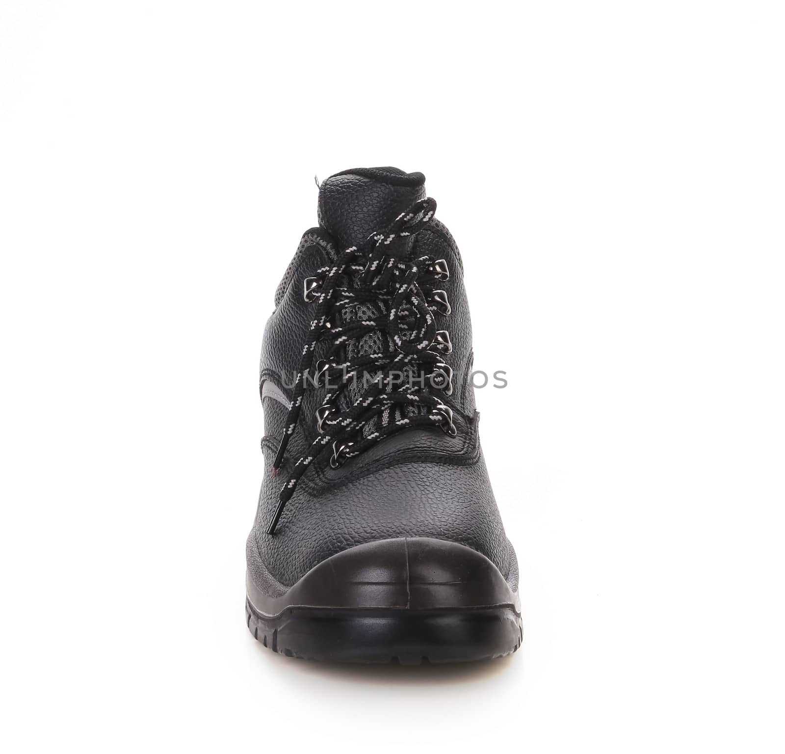 Black leather boot. Isolated on a white background.