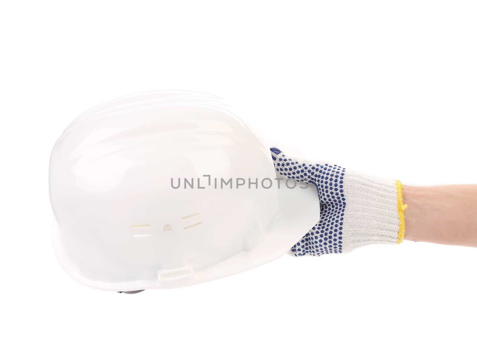 Hand holding white hard hat. Isolated on a white background.