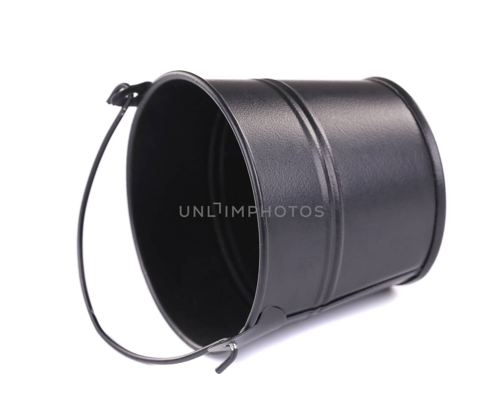Black metal bucket with handle. Isolated on a white background.