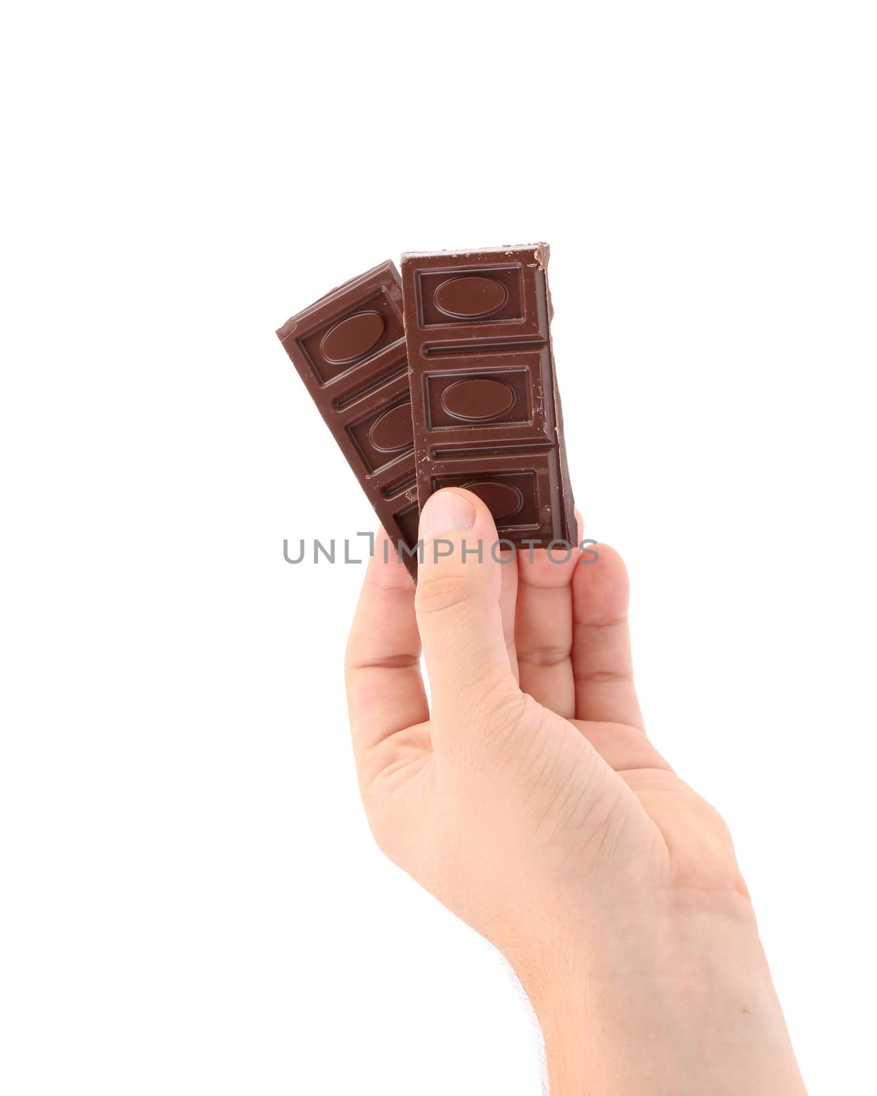 Hand holds dark chocolate. Isolated on a white background.