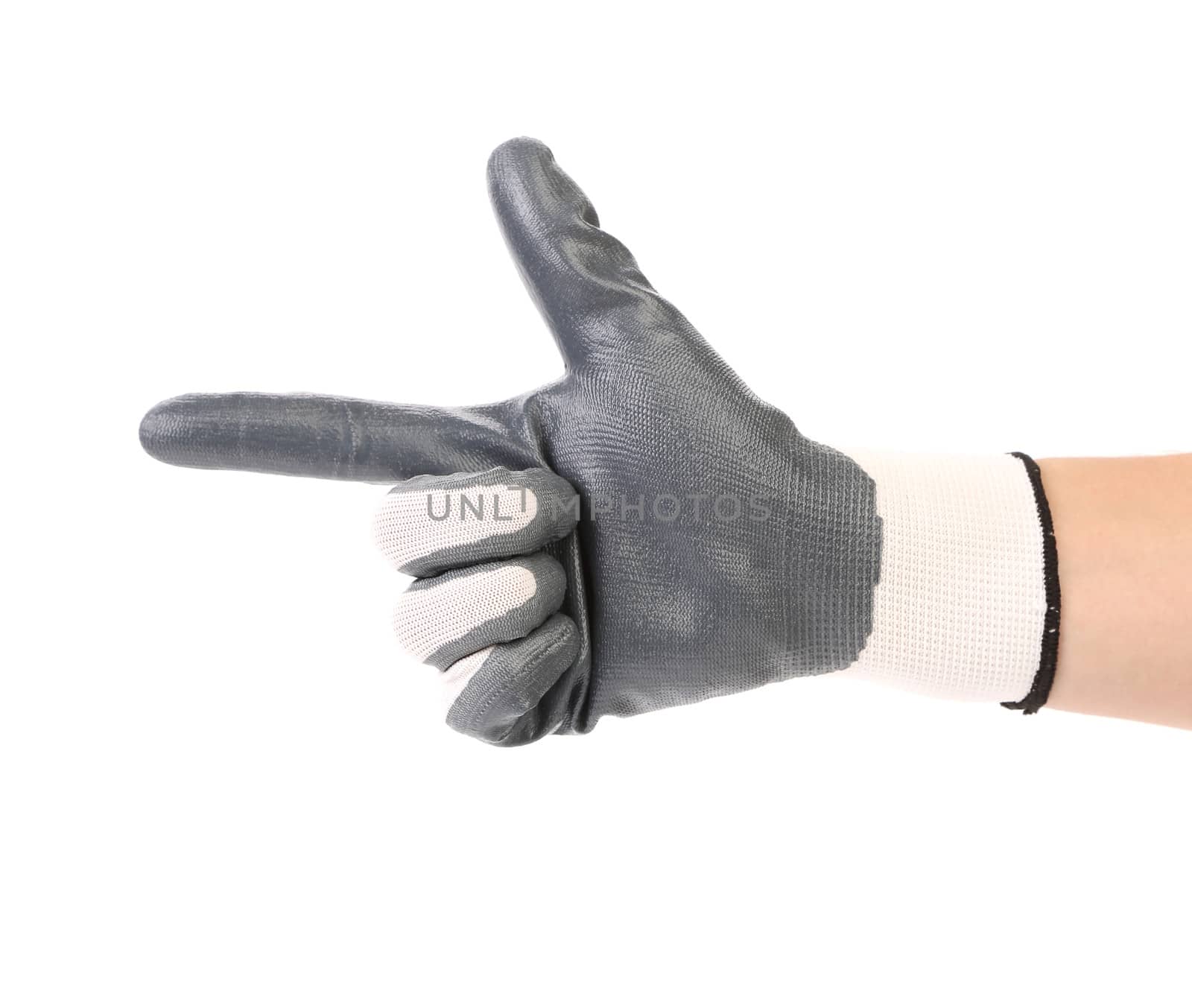 Hand shows one in rubber glove. Isolated on a white background.