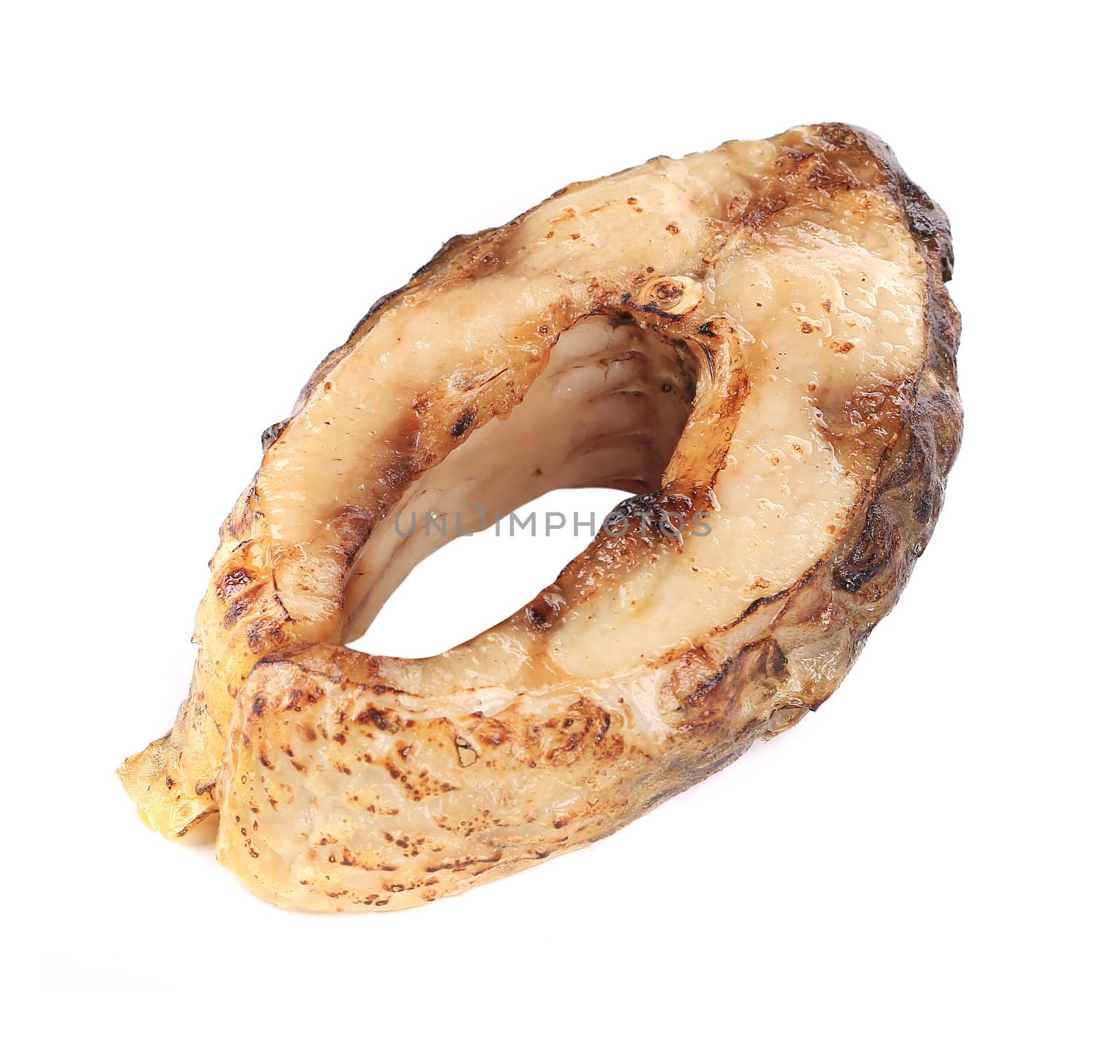 Grilled carp steak. Isolated on a white background.