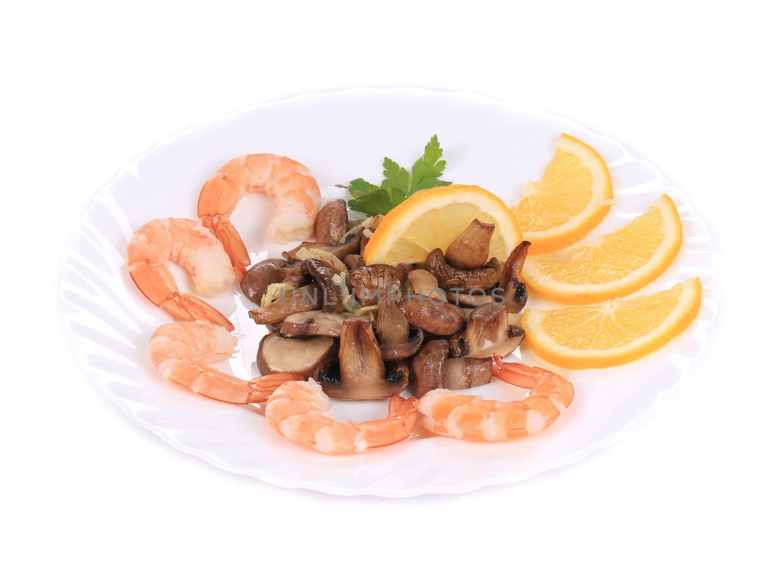 Shrimp salad with mushrooms. Isolated on a white background.