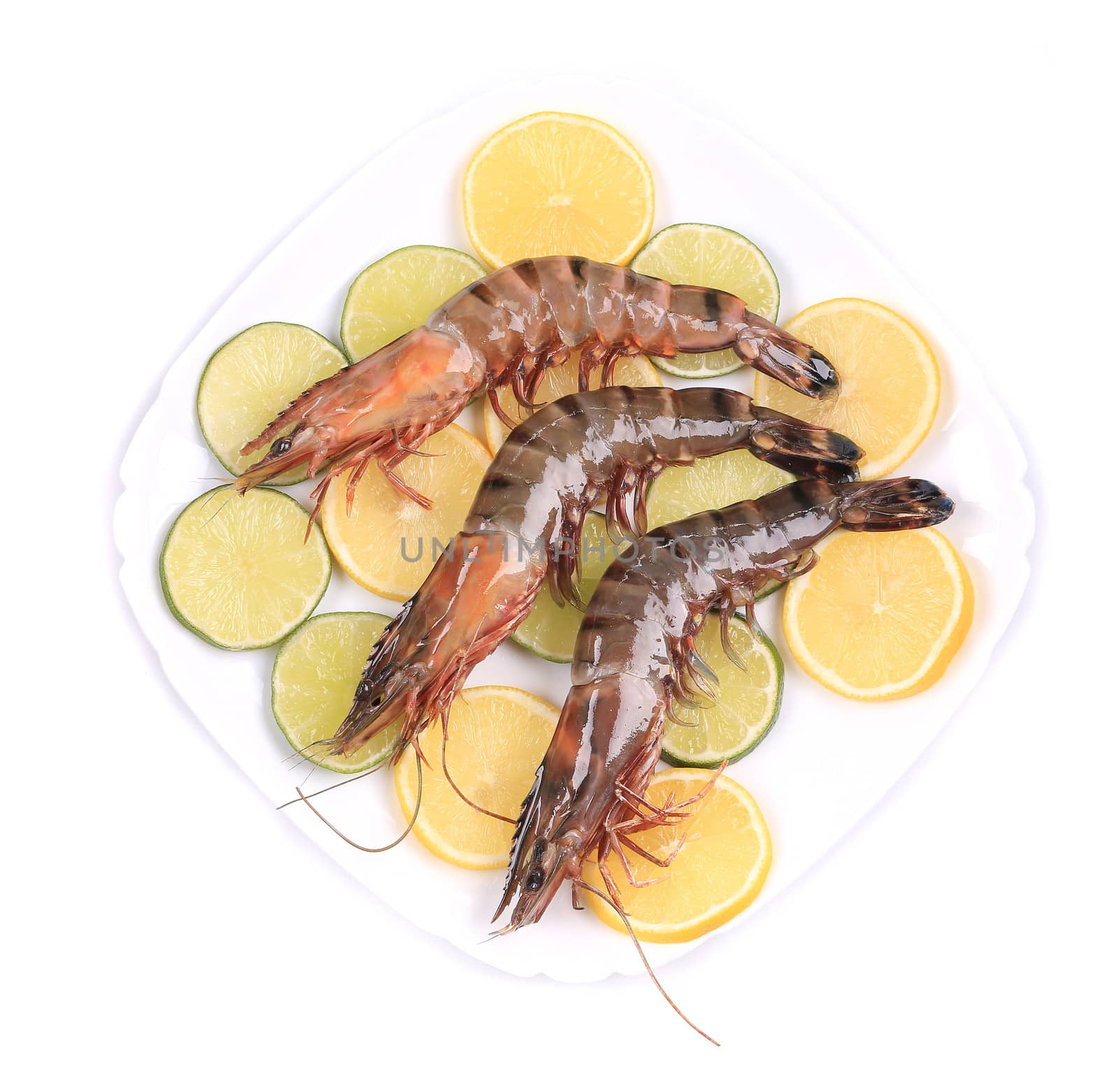Raw black tiger shrimps and lemon slices. Isolated on a white background.
