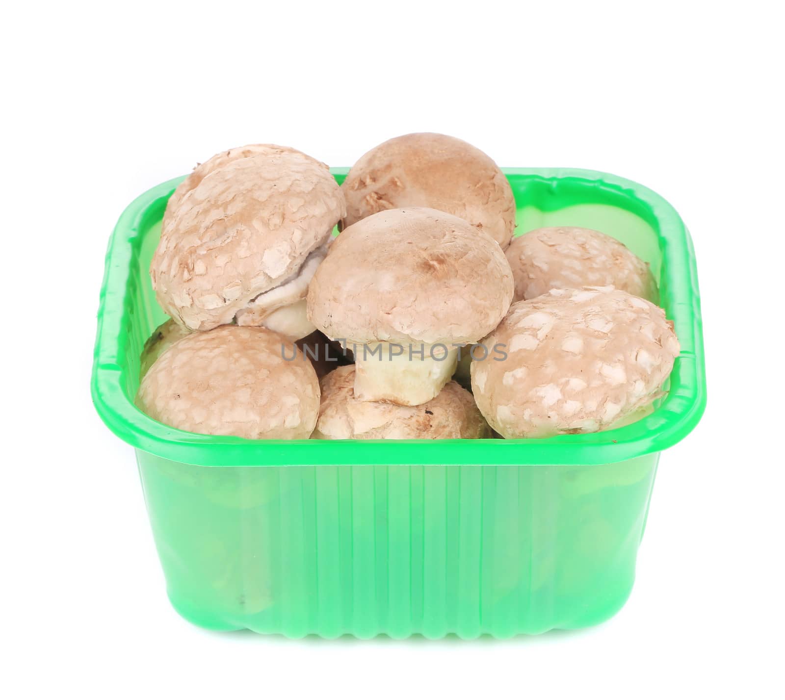 Brown champignons in plastic box. Isolated on a white background.