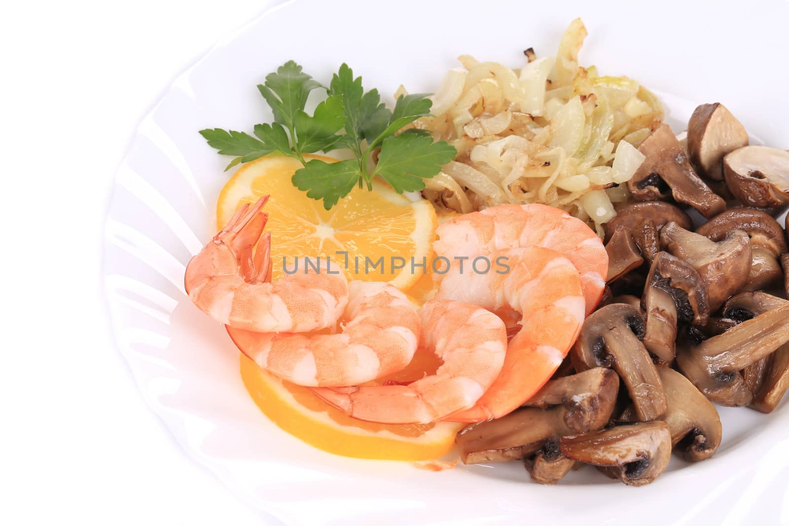 Shrimp salad with lemons and mushrooms. Isolated on a white background.