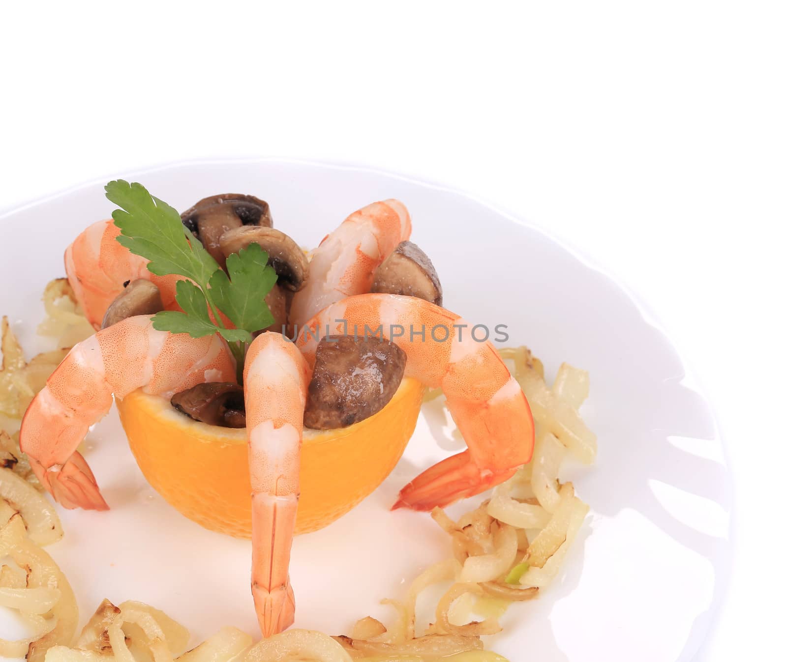 Shrimp salad with mushrooms. Isolated on a white background.
