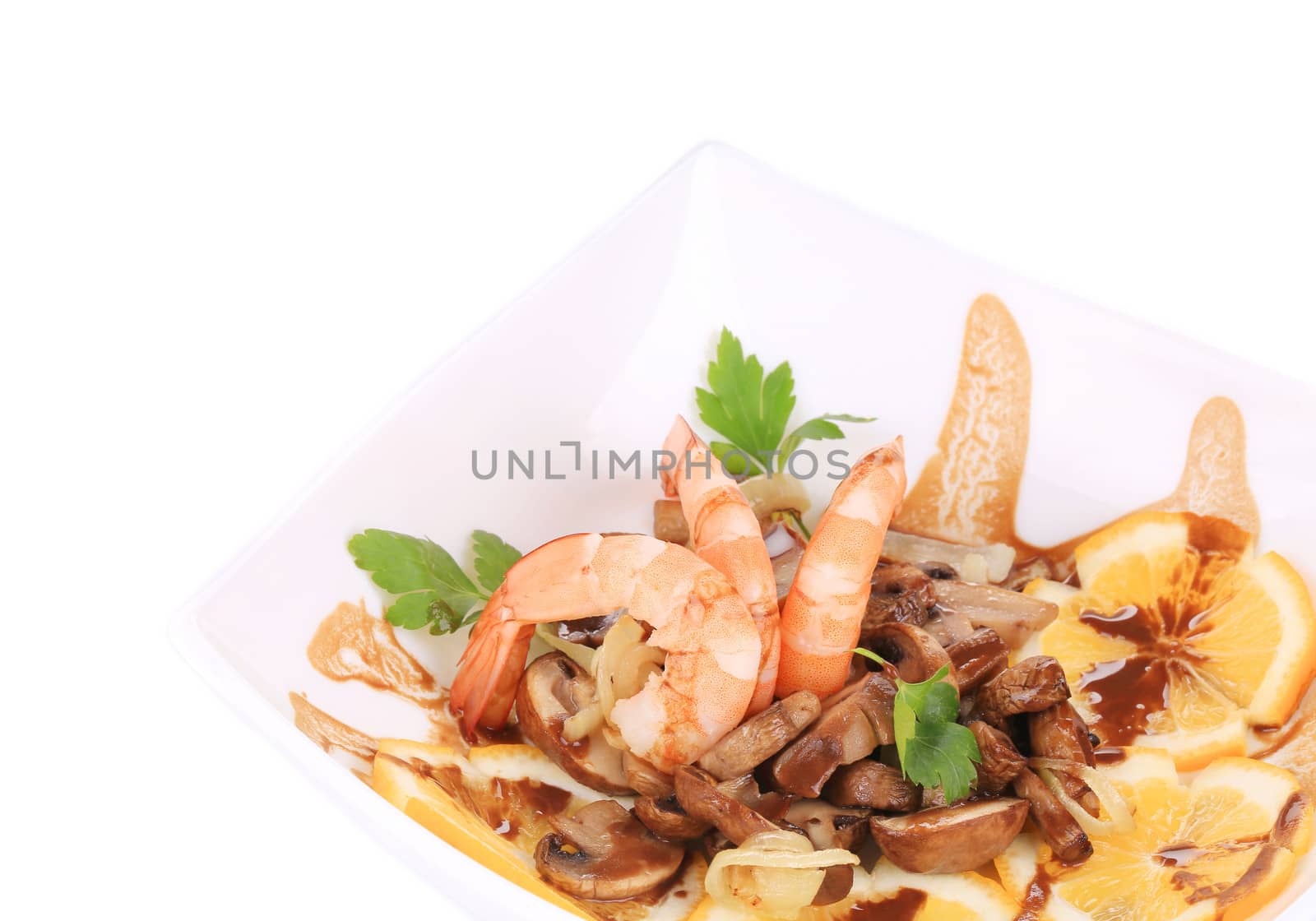 Shrimp salad with mushrooms. Isolated on a white background.