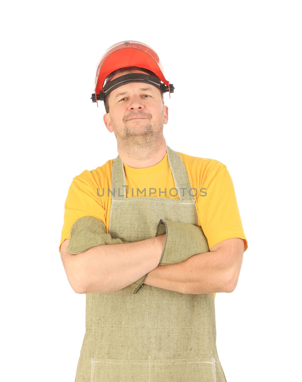 Man in red hard cap and apron. Isolated on a white background.