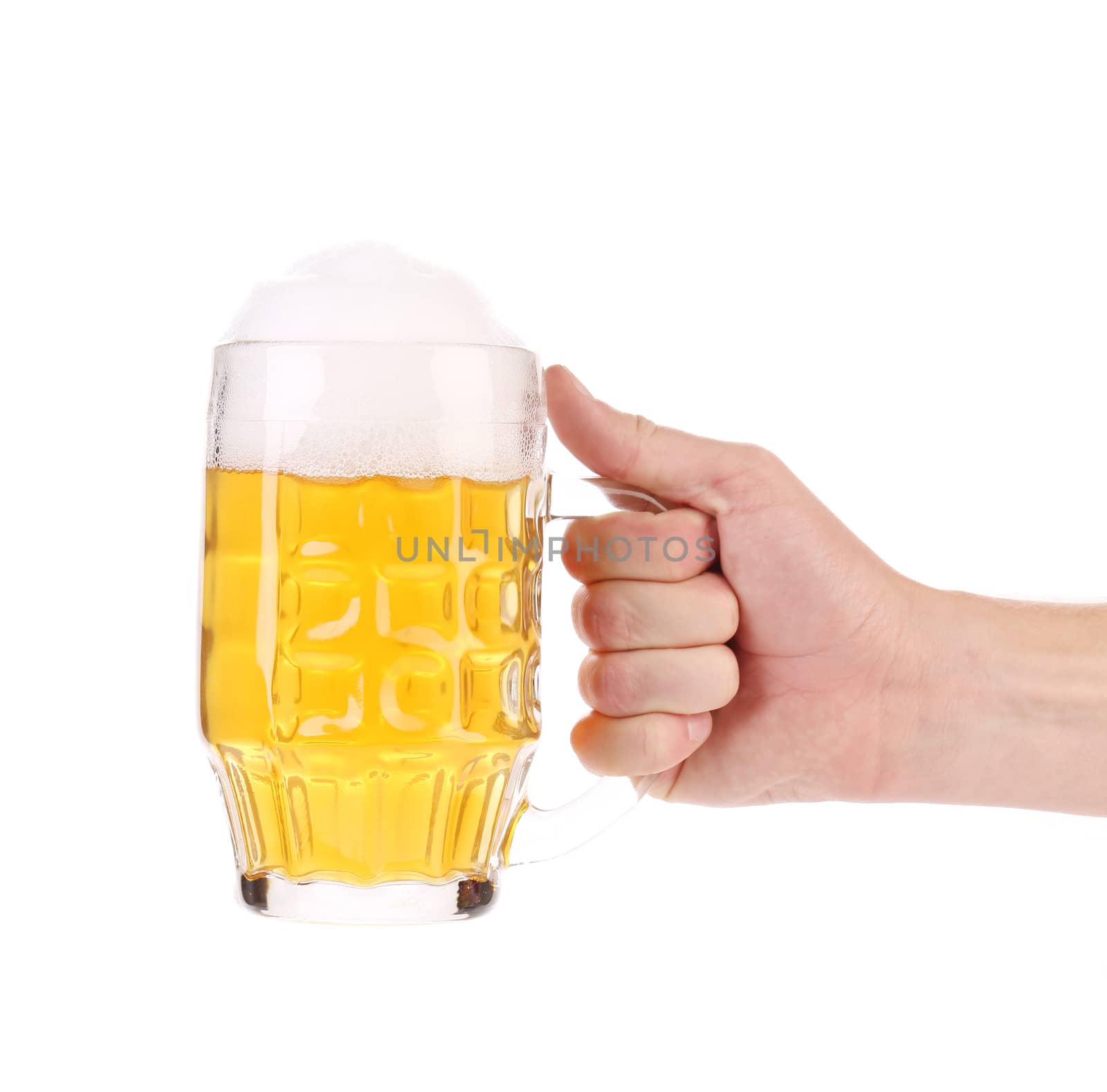 Hand with a beer glass. Isolated on a white background.