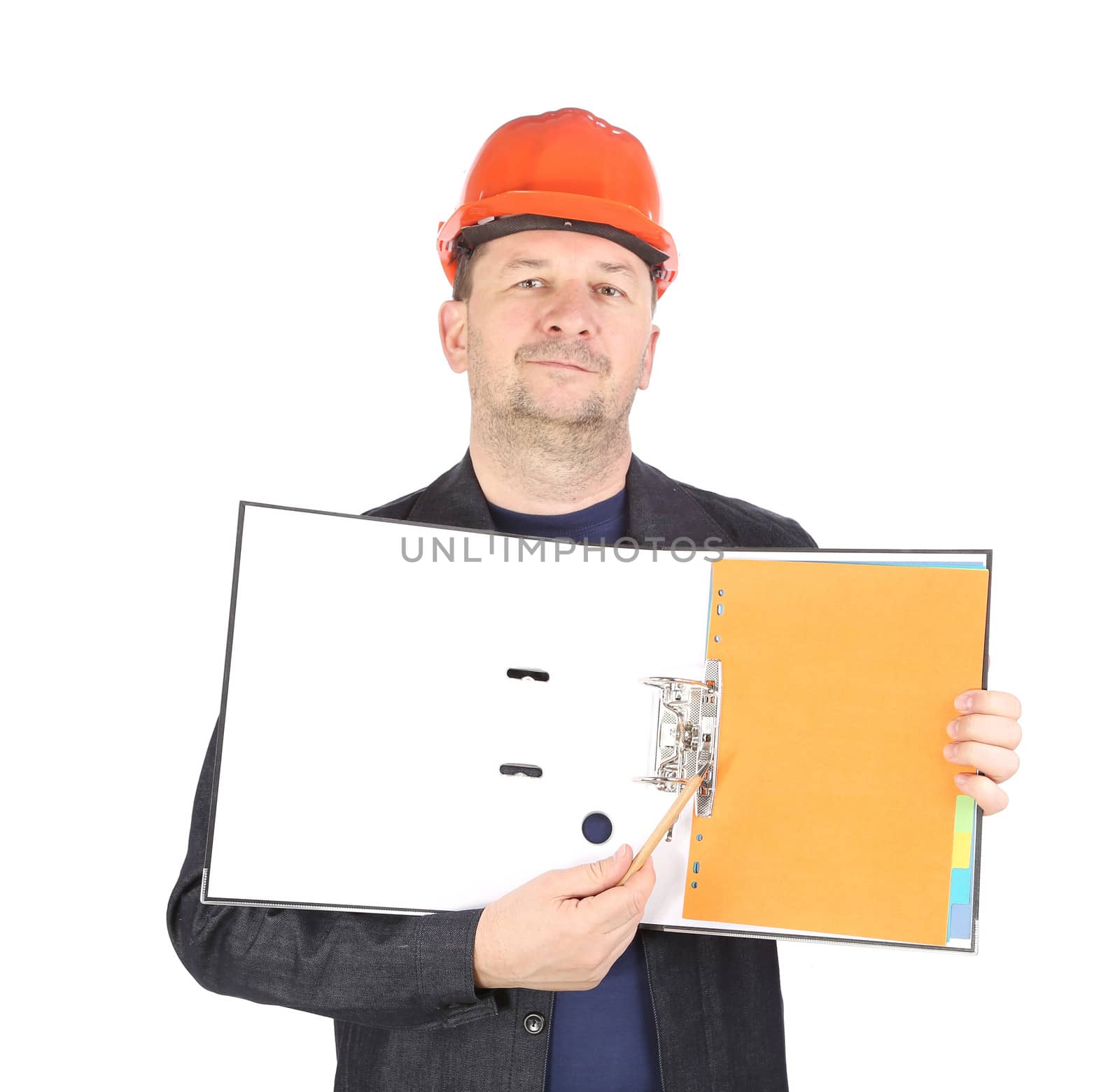 Man in red helmet shows opened paper folder. Isolated on a white background.