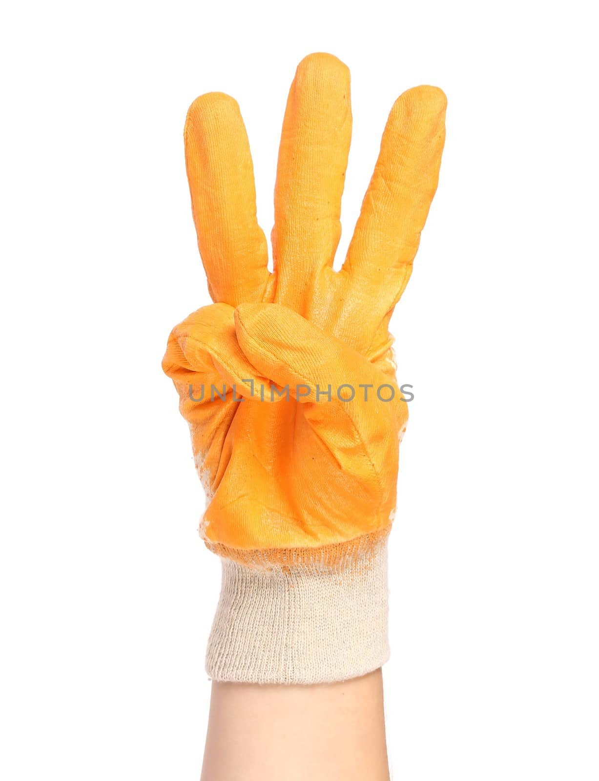 Hand in rubber glove shows three. Isolated on a white background.