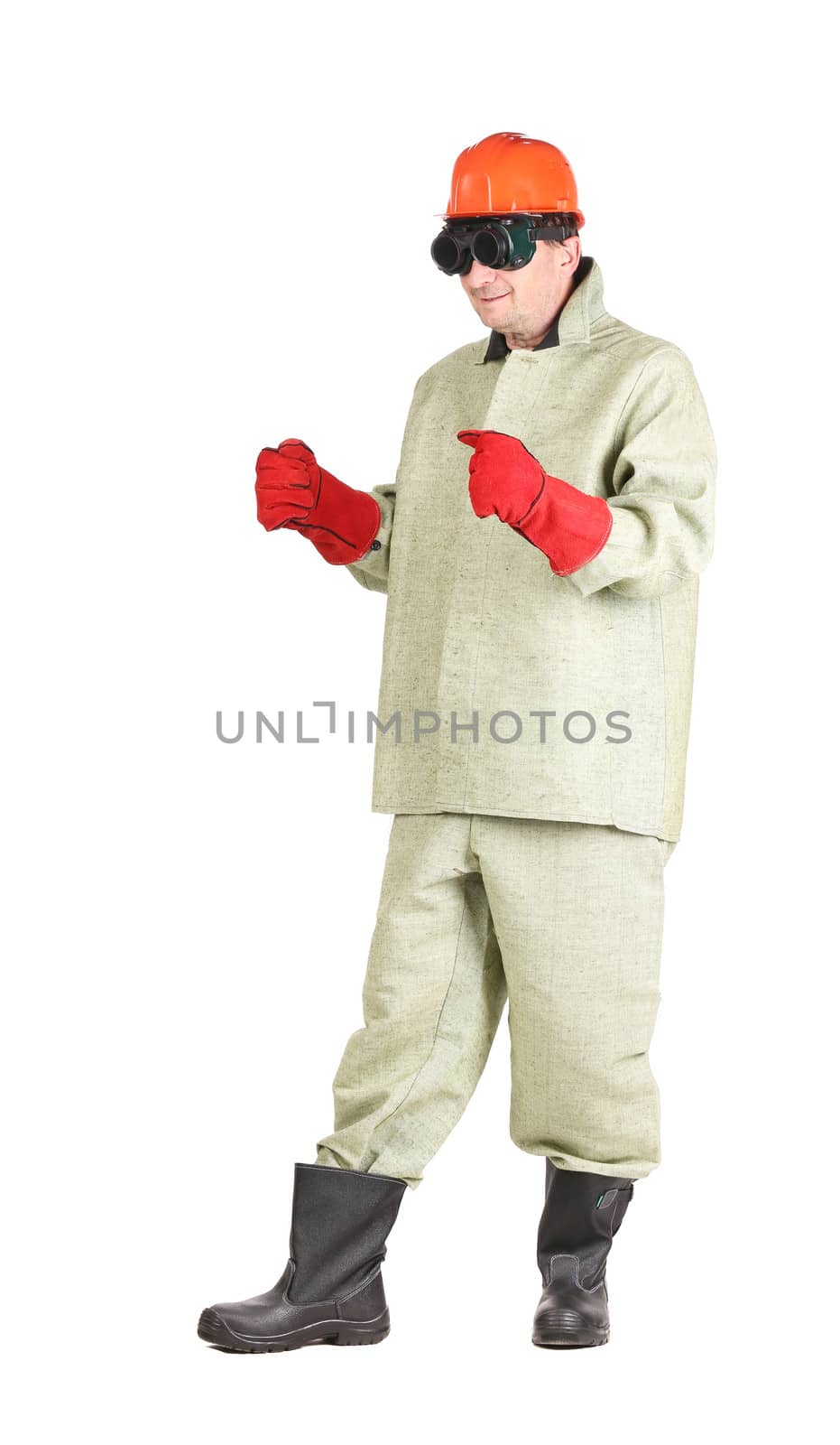 Welder in red protective helmet. Isolated on a white background.