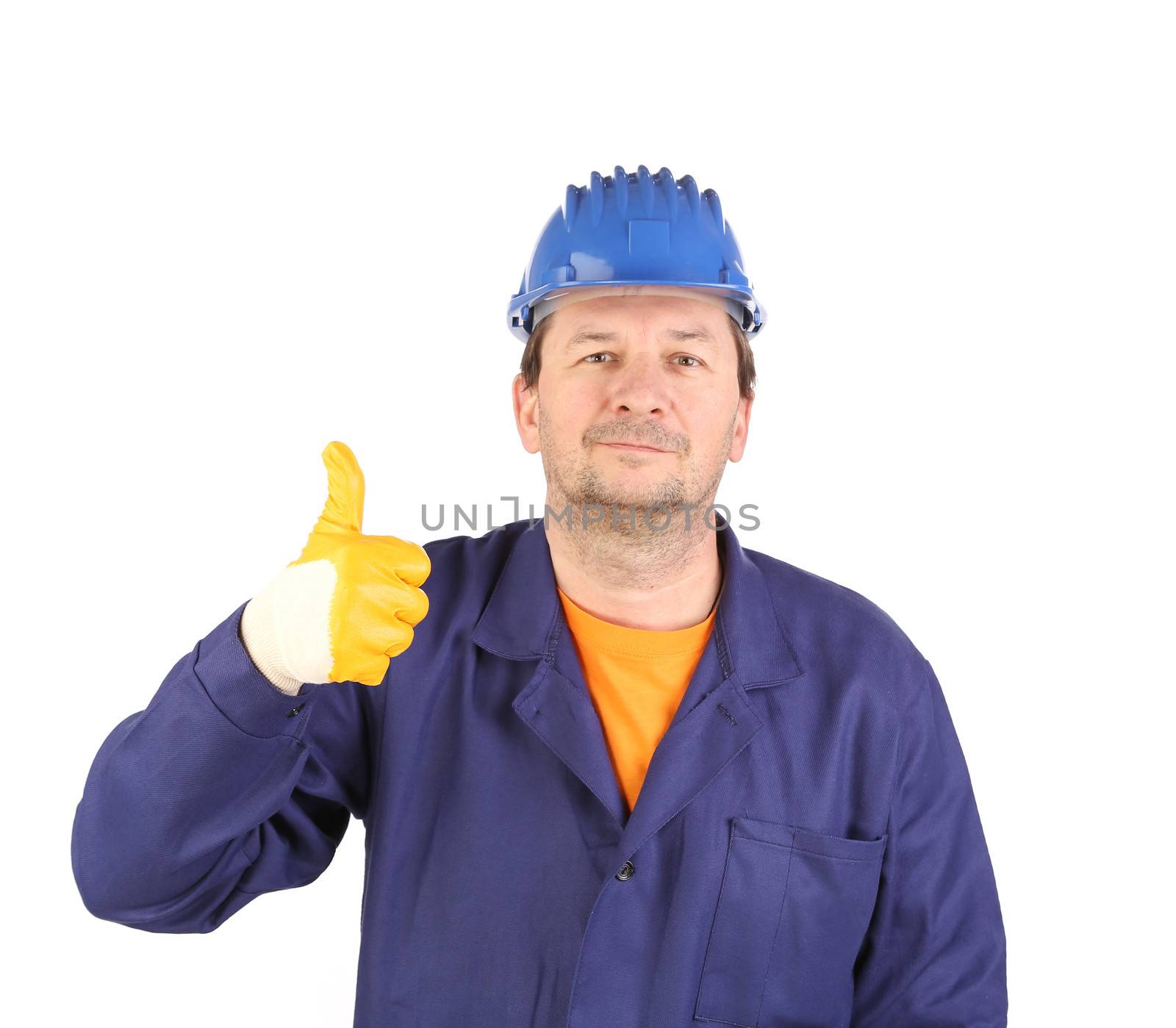 Man in yellow gloves show thumb up. by indigolotos