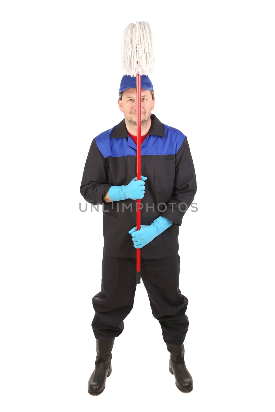 Man holding mop. Isolated on a white background.