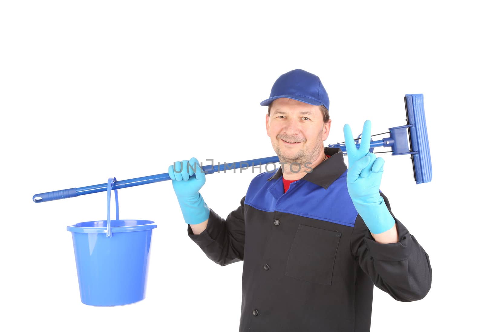 Cleaner with mop and bucket. Isolated on a white background.