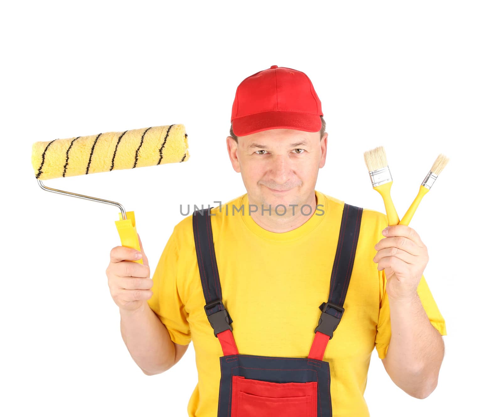 Worker with roller and paintbrushes. Isolated on a white background.