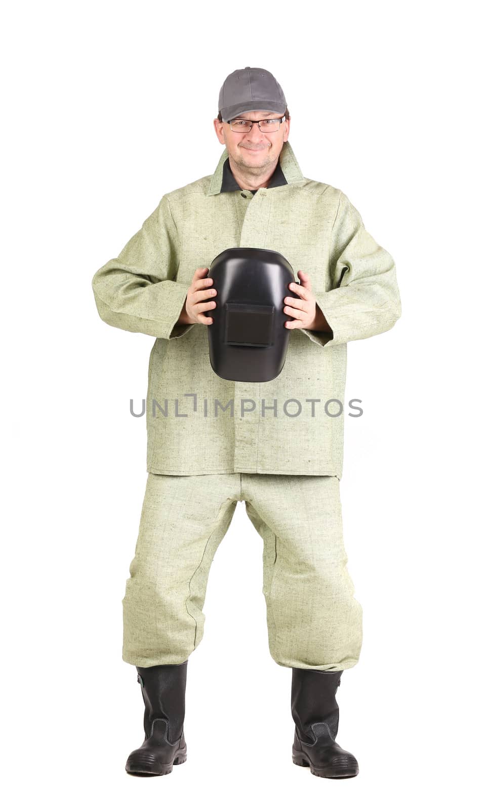 Welder holding mask. Isolated on a white background.