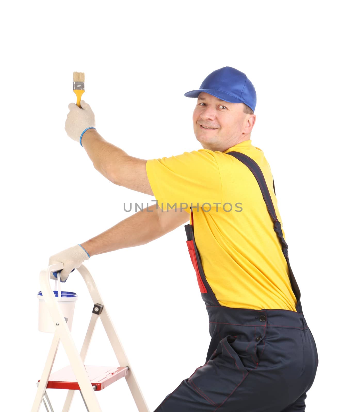 Worker on ladder with paintbrush. Isolated on a white background.