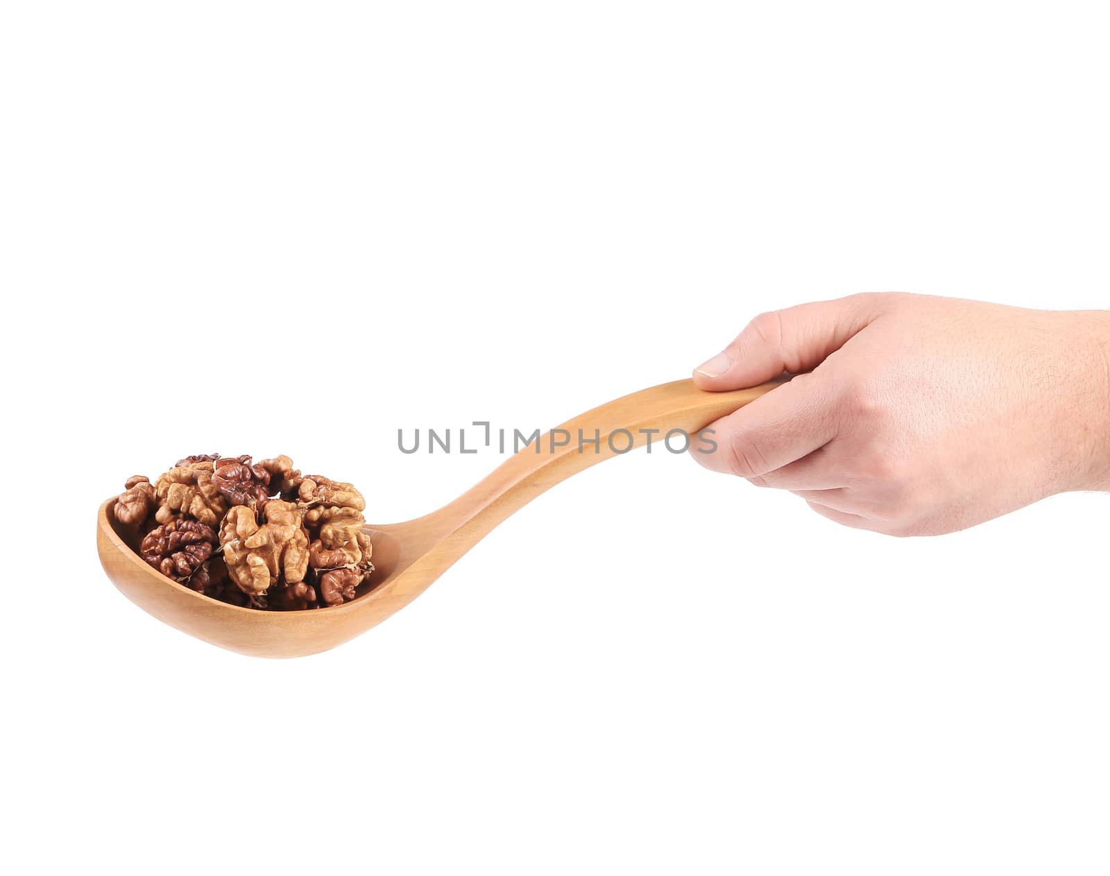 Hand holds spoon with walnuts. Isolated on a white background.