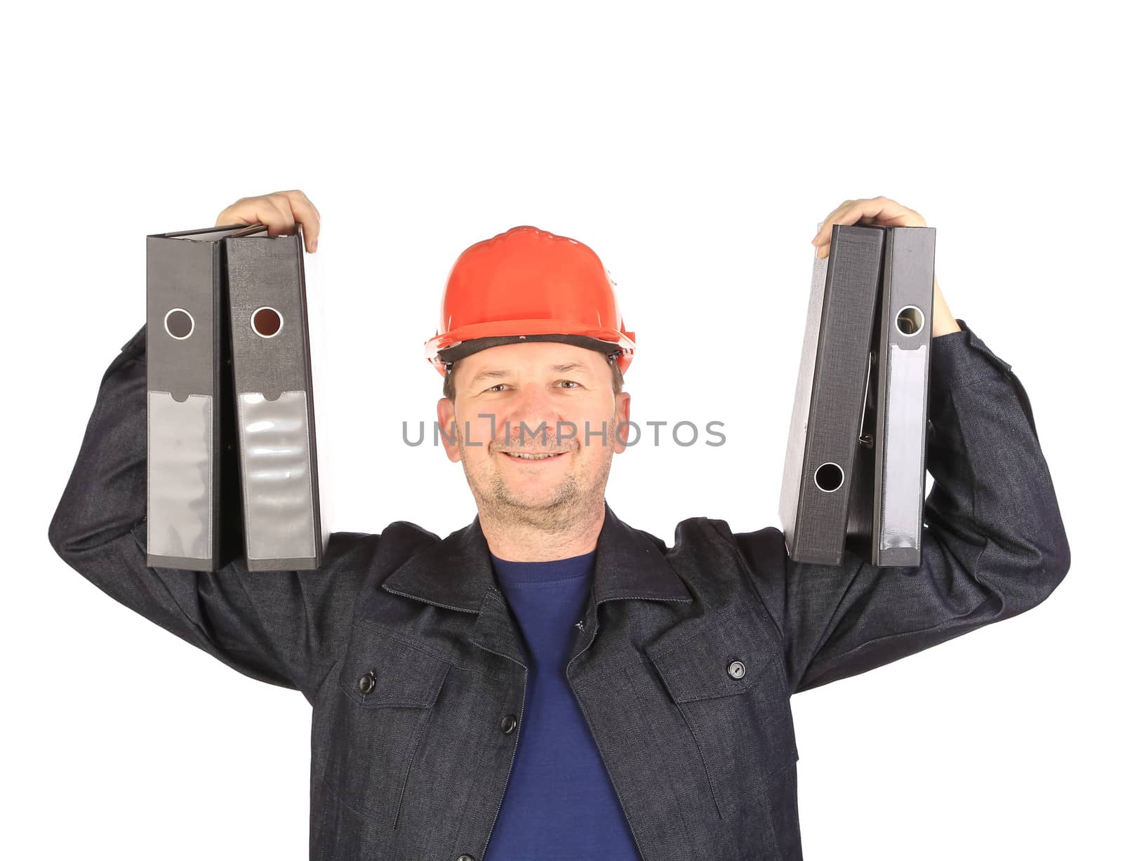 Man in coat holding folders. Isolated on a white background.