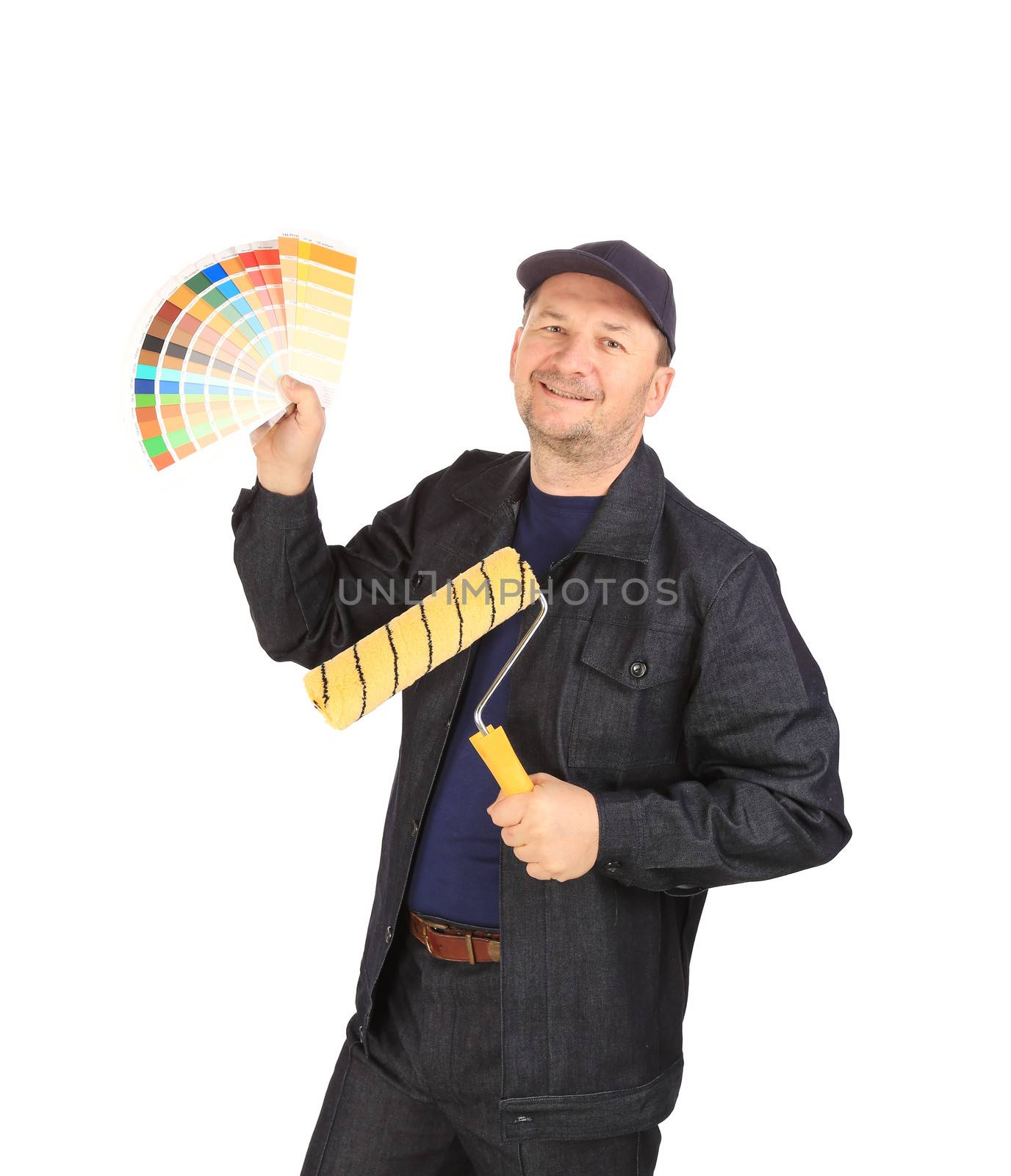 Worker with color samples and roller. Isolated on a white background.