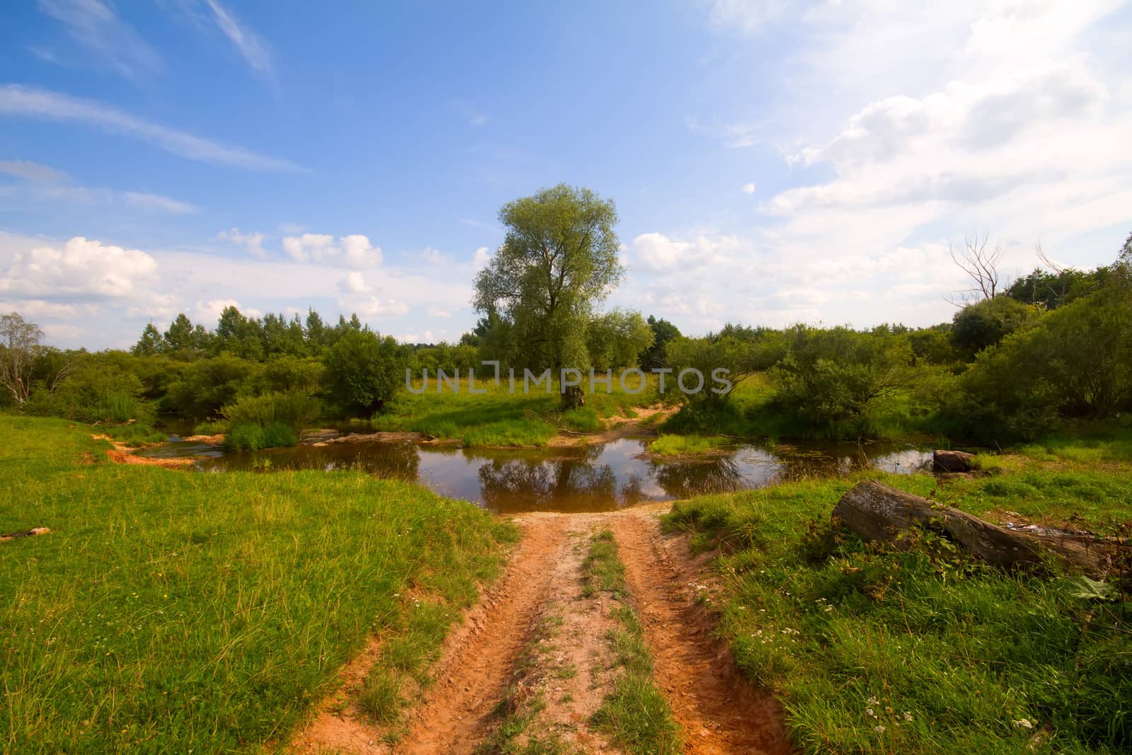 crossing river, summer rural landscape