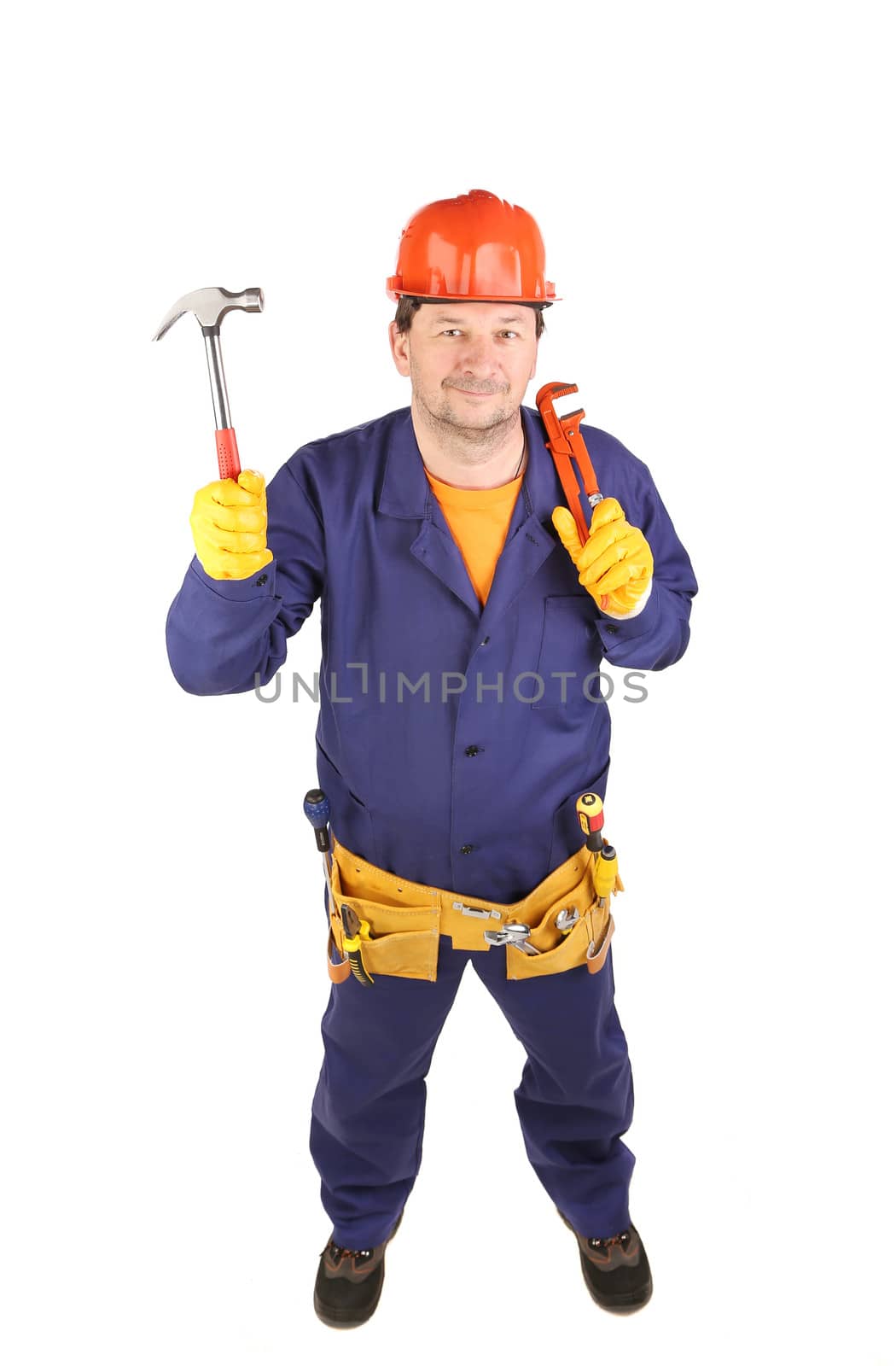 Worker in protective helmet holding hammer. Isolated on a white background.