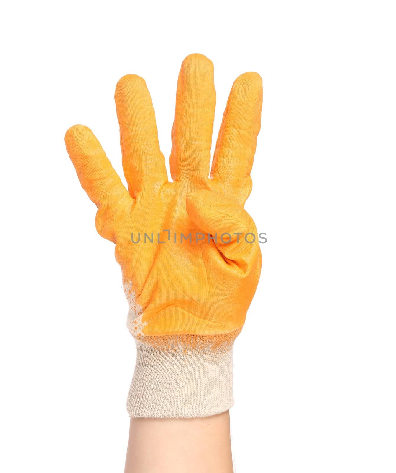 Hand in rubber glove shows four. Isolated on a white background.