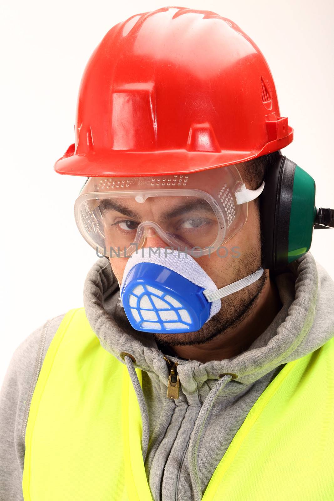 worker with red helmet and mask over white 