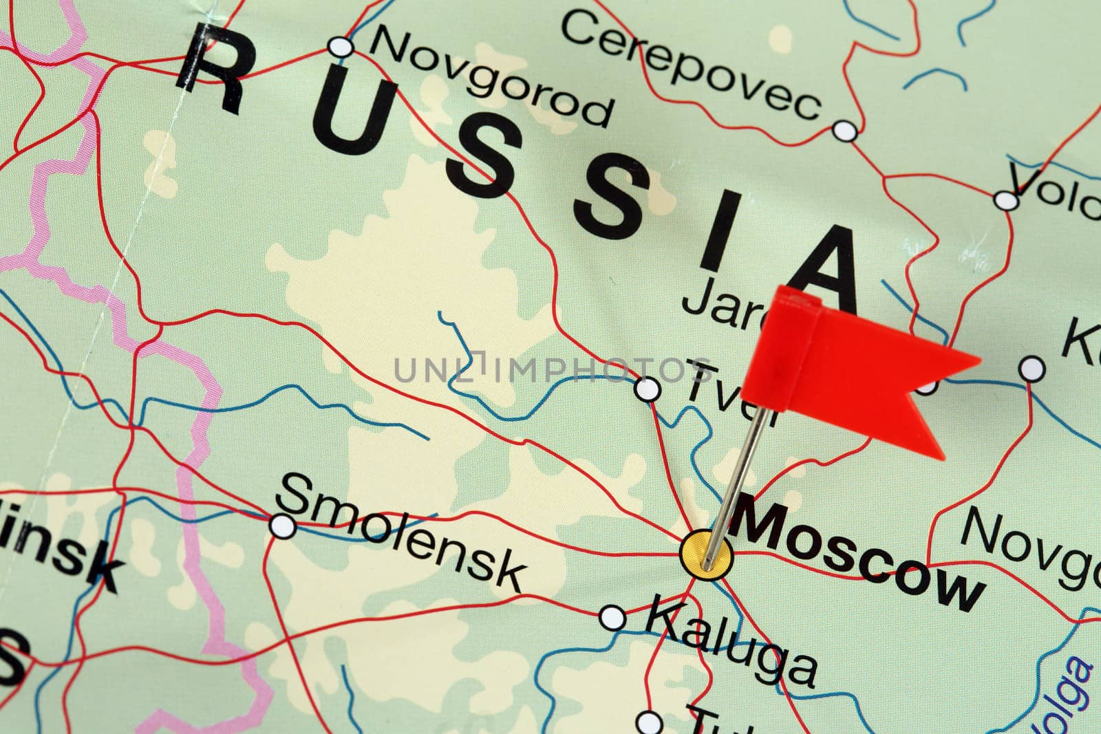 Flag pin on the map pointing Moscow