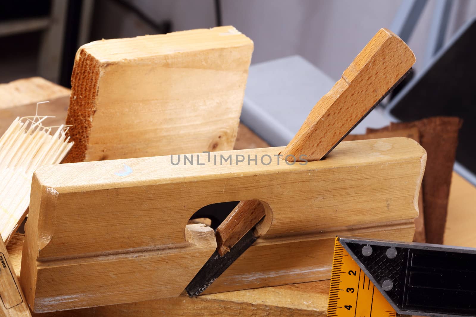 Plane close up of carpenter's workbench