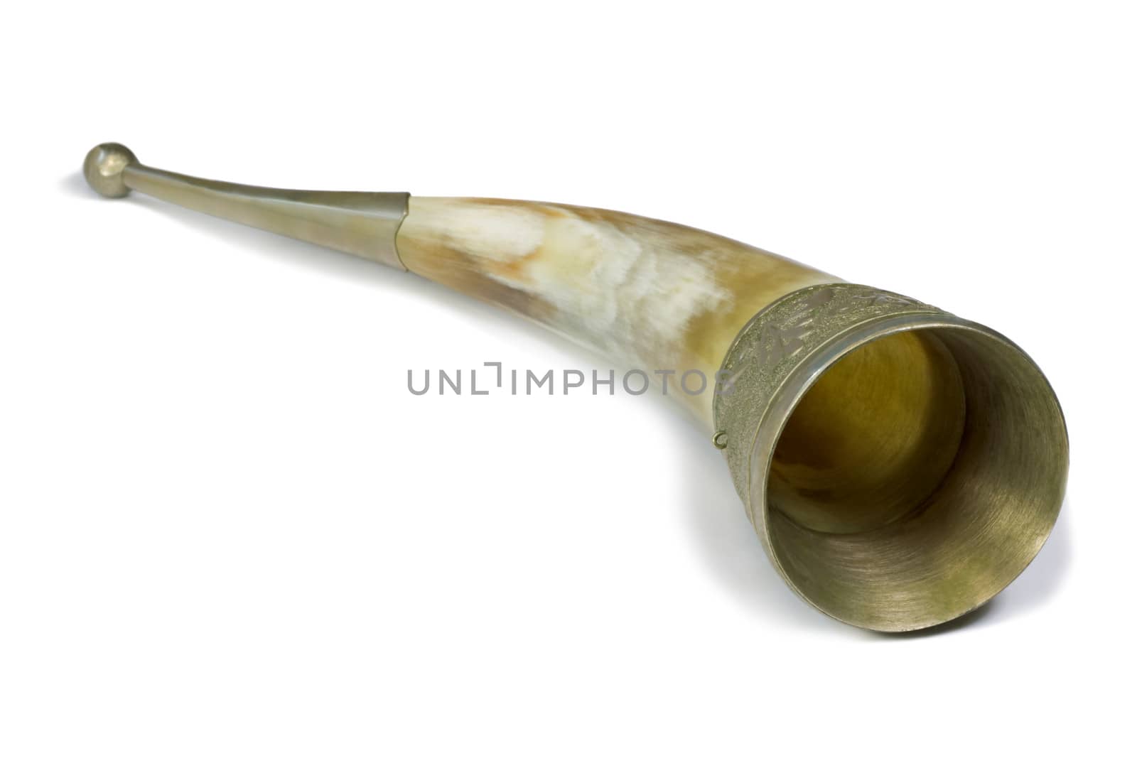 Made from animal horns and decorated with engraving on metal, wine vessel. Presented on a white background.