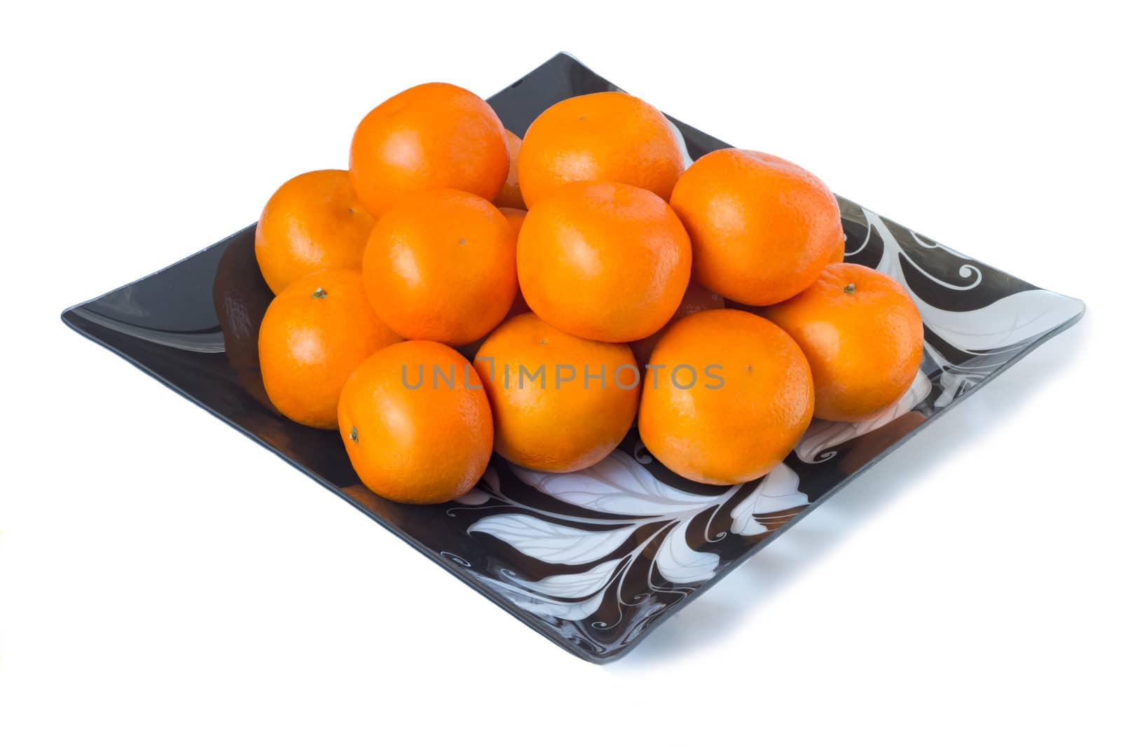 Large ripe tangerines in a glass dish on a white background. by georgina198