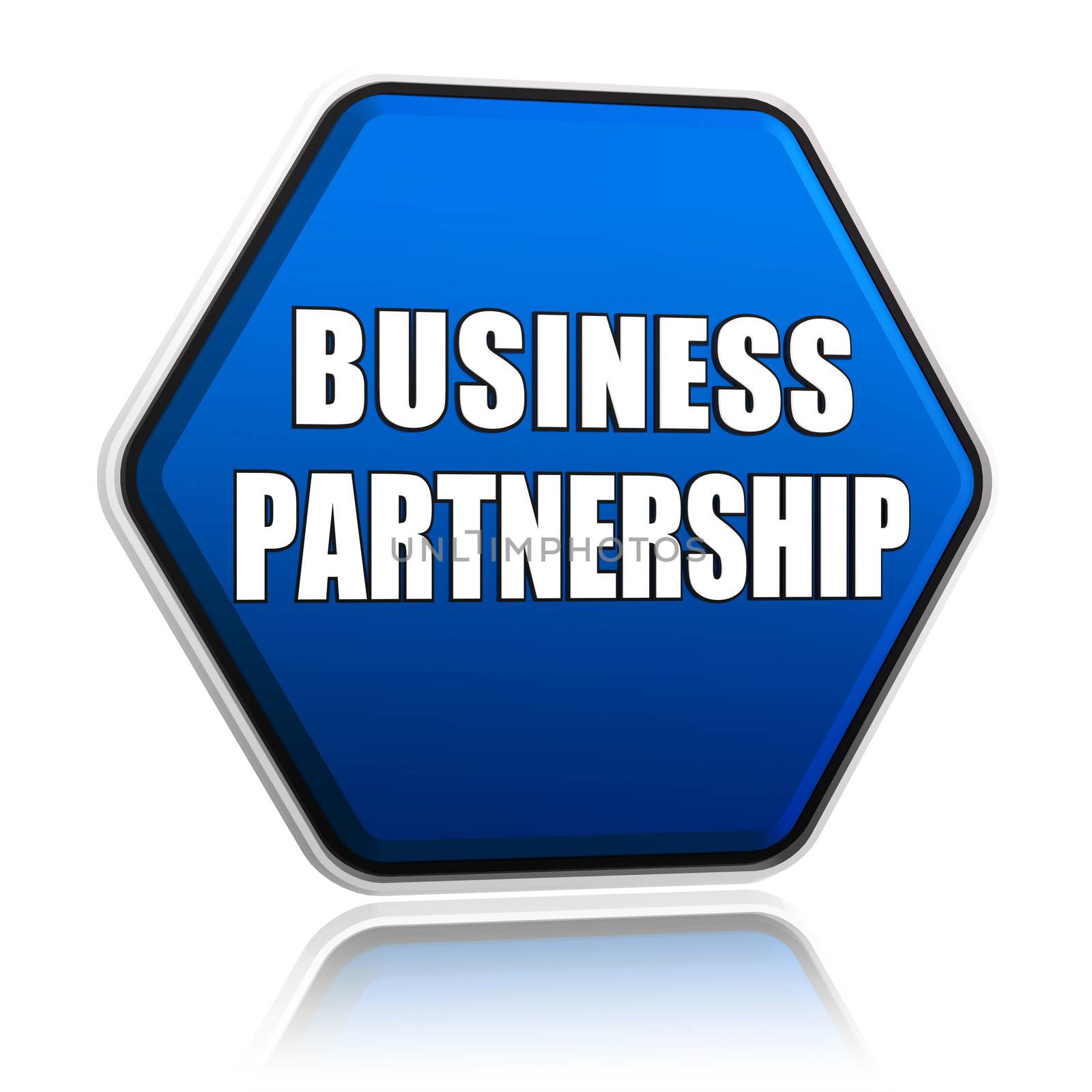 business partnership - 3d blue hexagon banner with white text, teamwork growth concept words